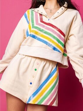 Queen of Sparkles Cream Sequin Rainbow Stripe Two-Piece Set